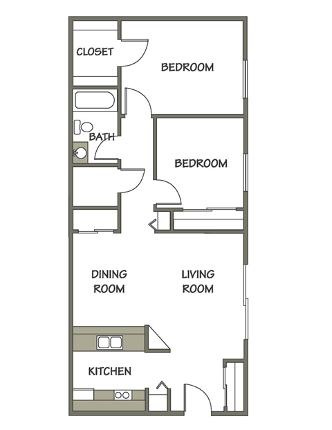 Floor plan for 2 beds, 1 bath, 864 sqft